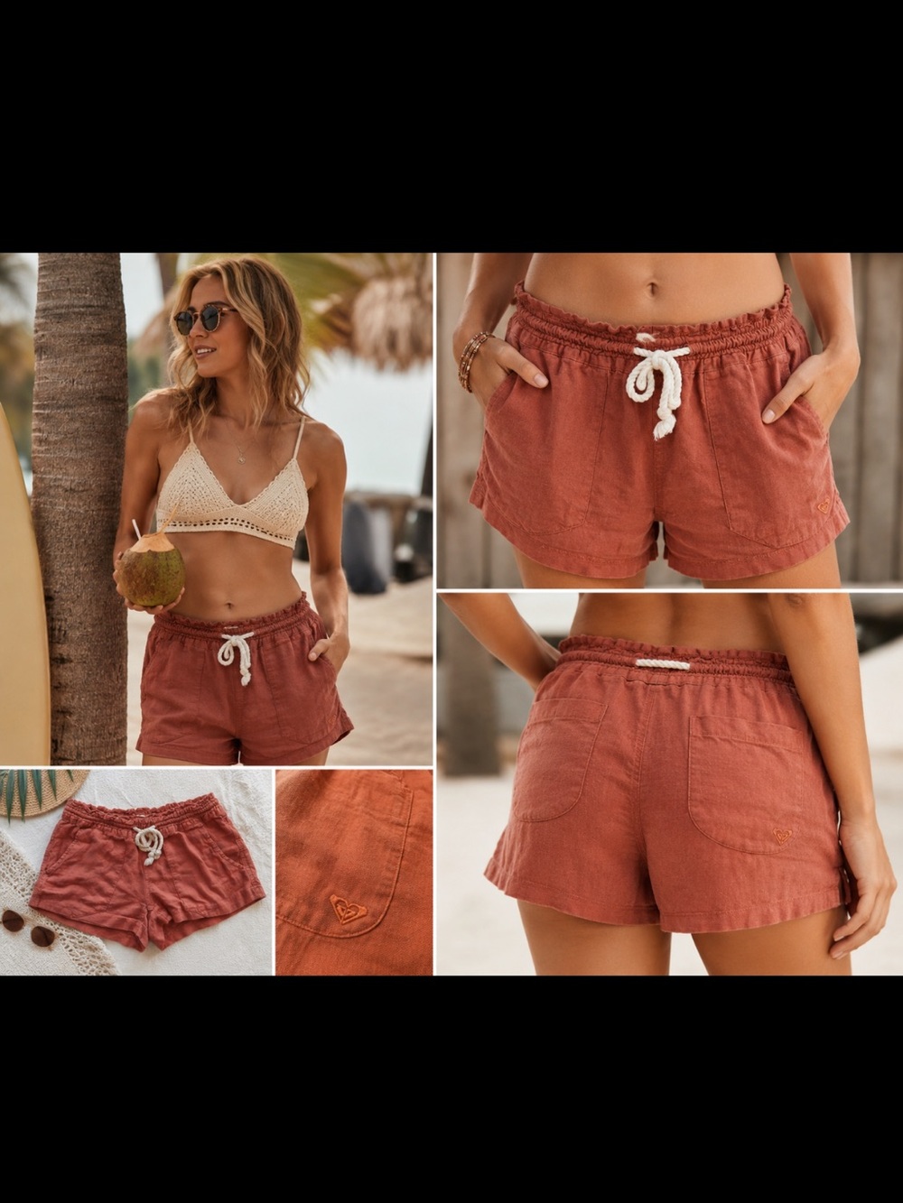 Roxy Oceanside Linen Blend Beach Shorts Rust Terracotta Rope Drawstring XS S